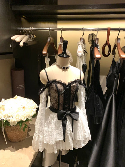 Glam Black White Contrast Spaghetti Straps Long Sleeves Lace Corset Bow A Line Short Homecoming Dress AS2922