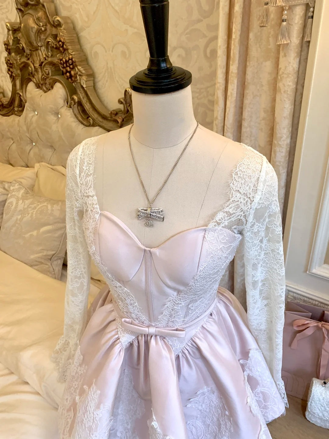 Romantic Pink Sweetheart Long Lace Sleeve Corset Bow Satin A-Line Short Homecoming Dress AS2924