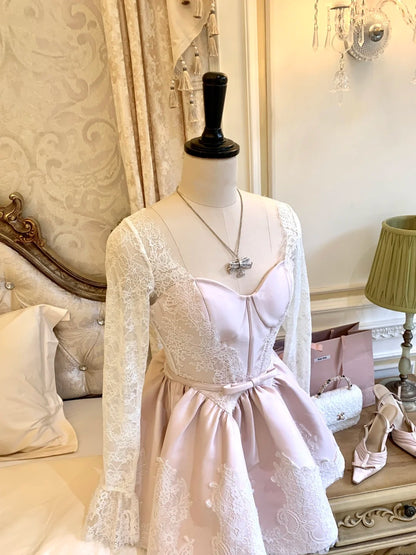 Romantic Pink Sweetheart Long Lace Sleeve Corset Bow Satin A-Line Short Homecoming Dress AS2924