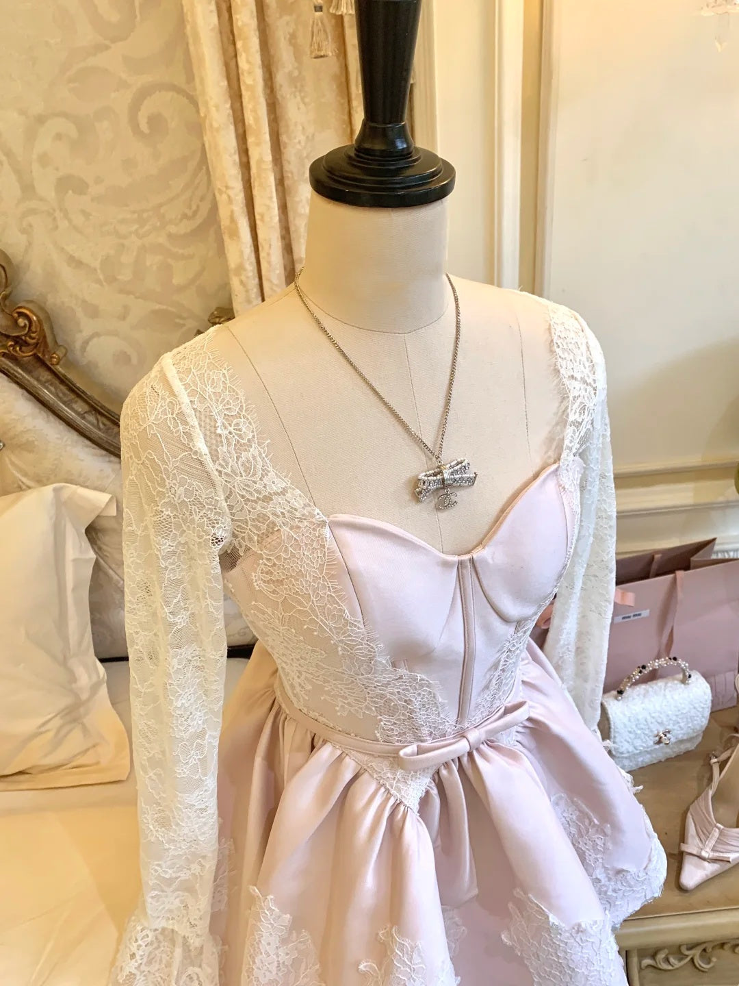 Romantic Pink Sweetheart Long Lace Sleeve Corset Bow Satin A-Line Short Homecoming Dress AS2924