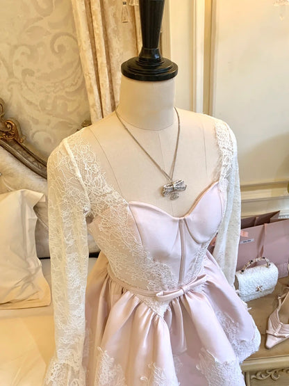 Romantic Pink Sweetheart Long Lace Sleeve Corset Bow Satin A-Line Short Homecoming Dress AS2924