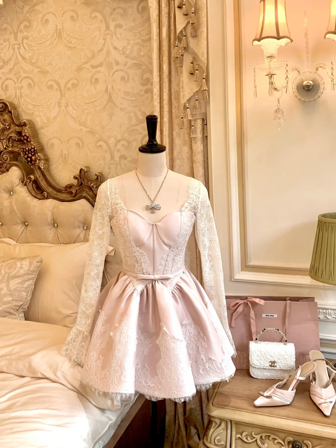 Romantic Pink Sweetheart Long Lace Sleeve Corset Bow Satin A-Line Short Homecoming Dress AS2924
