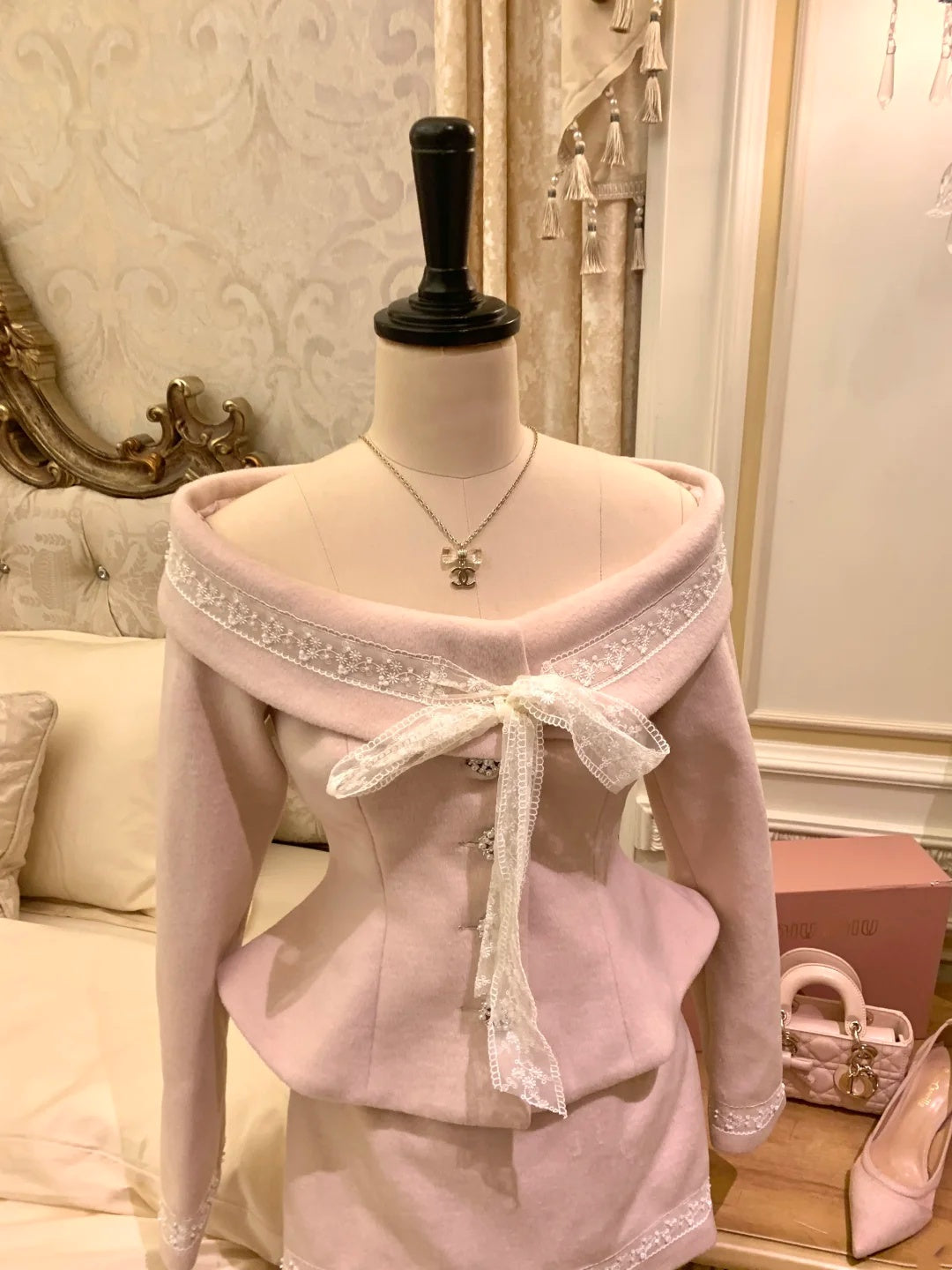 Chic Pink Off Shoulder Lace Bow Trim Two Piece Sheath Short Skirt Homecoming Set Dress AS2925