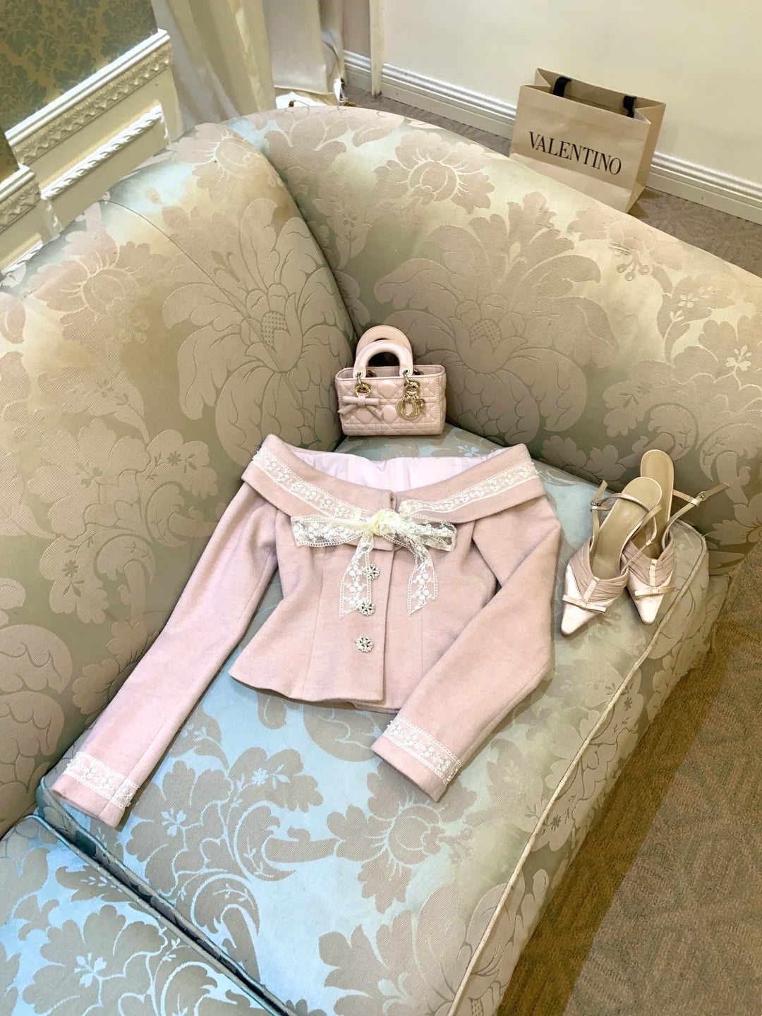 Chic Pink Off Shoulder Lace Bow Trim Two Piece Sheath Short Skirt Homecoming Set Dress AS2925