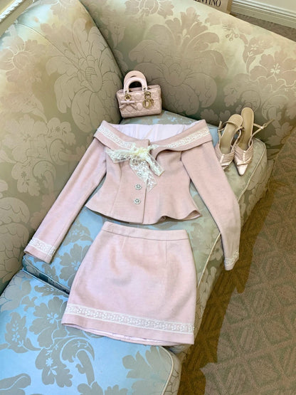 Chic Pink Off Shoulder Lace Bow Trim Two Piece Sheath Short Skirt Homecoming Set Dress AS2925