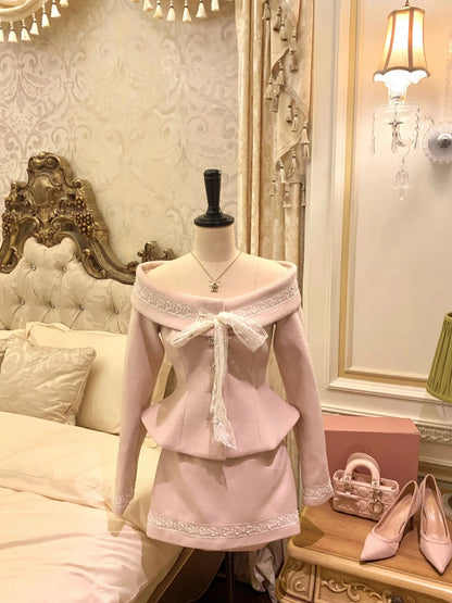 Chic Pink Off Shoulder Lace Bow Trim Two Piece Sheath Short Skirt Homecoming Set Dress AS2925