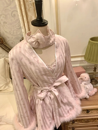 Sweet Pink Flare Sleeve Feather Trim Belted A Line Short Homecoming Dress Set Party Dress AS2927