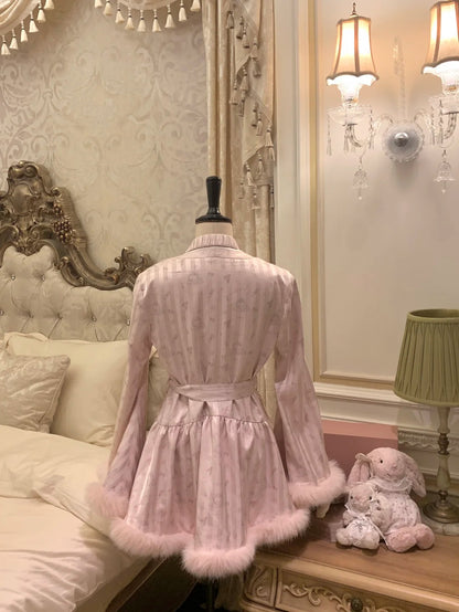 Sweet Pink Flare Sleeve Feather Trim Belted A Line Short Homecoming Dress Set Party Dress AS2927