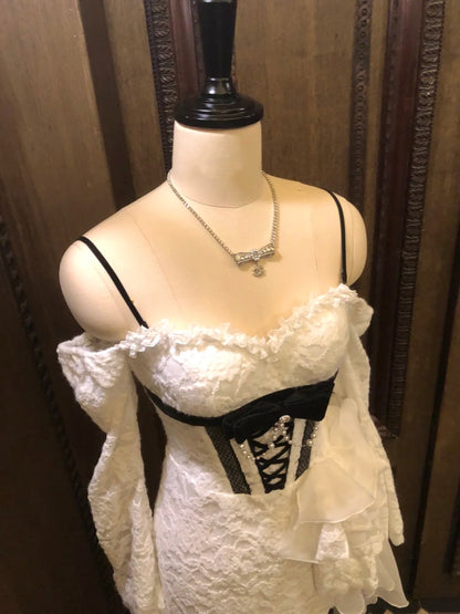 Chic White Spaghetti Straps Long Sleeves Lace Corset Bow Pearl Chain Detail Bodycon Short Homecoming Dress AS2929