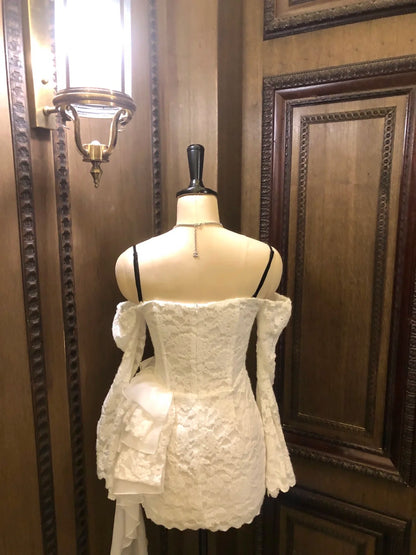 Chic White Spaghetti Straps Long Sleeves Lace Corset Bow Pearl Chain Detail Bodycon Short Homecoming Dress AS2929