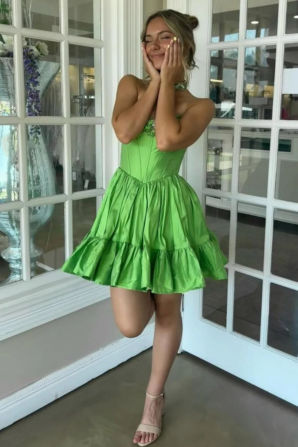 Green A-Line Strapless Corset Homecoming Dress With Beaded Brooch AS293