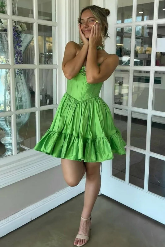 Green A-Line Strapless Corset Homecoming Dress With Beaded Brooch AS293