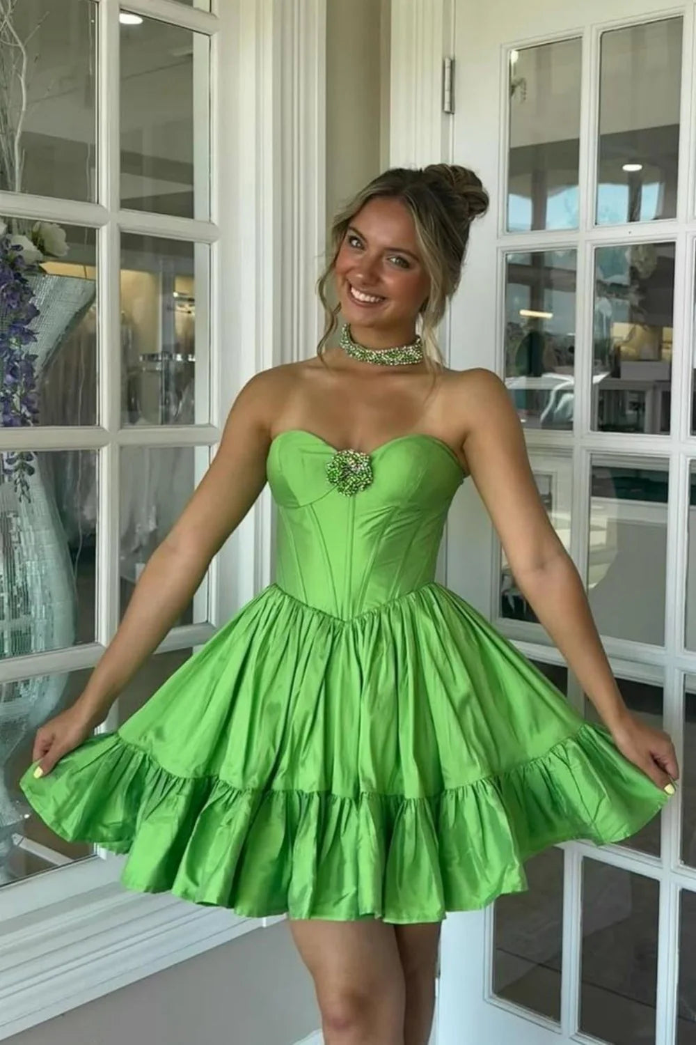 Green A-Line Strapless Corset Homecoming Dress With Beaded Brooch AS293