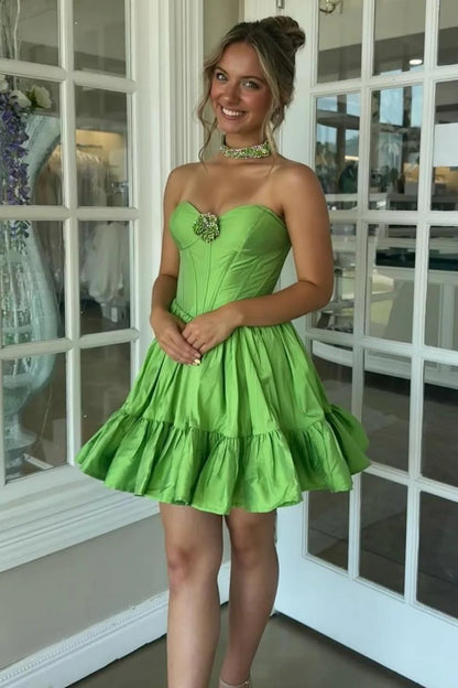Green A-Line Strapless Corset Homecoming Dress With Beaded Brooch AS293