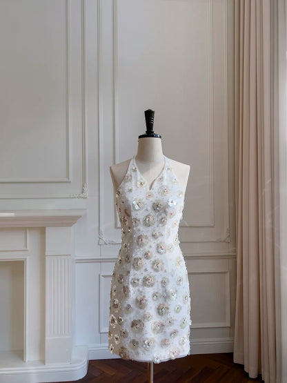 Romantic White Halter V-Neck Bodycon Short Homecoming Dress With 3D Floral Sequin Beaded Appliques AS2933