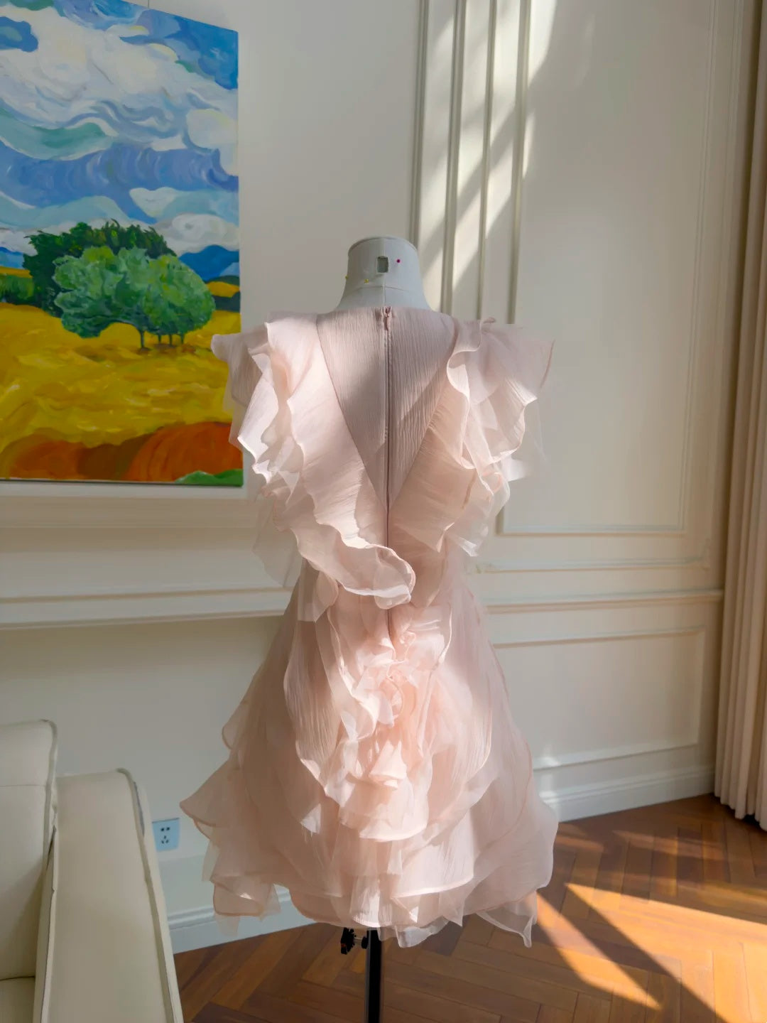 Dreamy Blush Pink V-Neck Sleeveless A Line Short Homecoming Dress With Cascading Ruffled Chiffon Layers AS2936