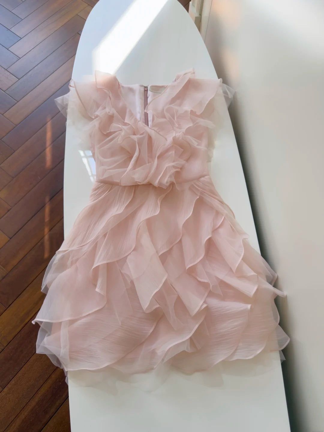 Dreamy Blush Pink V-Neck Sleeveless A Line Short Homecoming Dress With Cascading Ruffled Chiffon Layers AS2936