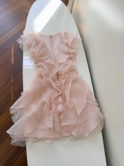 Dreamy Blush Pink V-Neck Sleeveless A Line Short Homecoming Dress With Cascading Ruffled Chiffon Layers AS2936