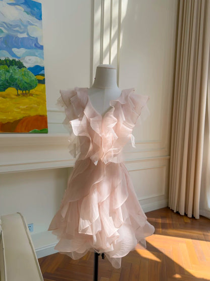 Dreamy Blush Pink V-Neck Sleeveless A Line Short Homecoming Dress With Cascading Ruffled Chiffon Layers AS2936