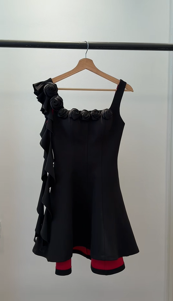 Glam Black Square Neck 3D Rose Floral Ruffle A-Line Short Homecoming Dress AS2938