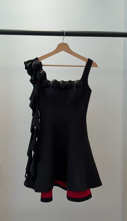 Glam Black Square Neck 3D Rose Floral Ruffle A-Line Short Homecoming Dress AS2938