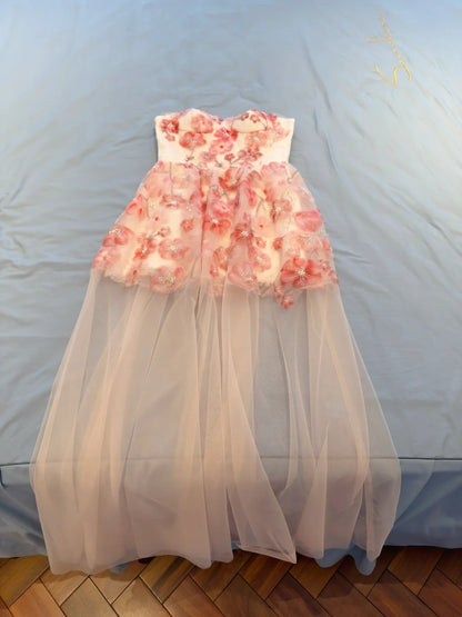 Romantic Blush Strapless Sweetheart A Line Homecoming Dress With 3D Pink Floral Beaded Appliques And Sheer Tulle Skirt AS2941