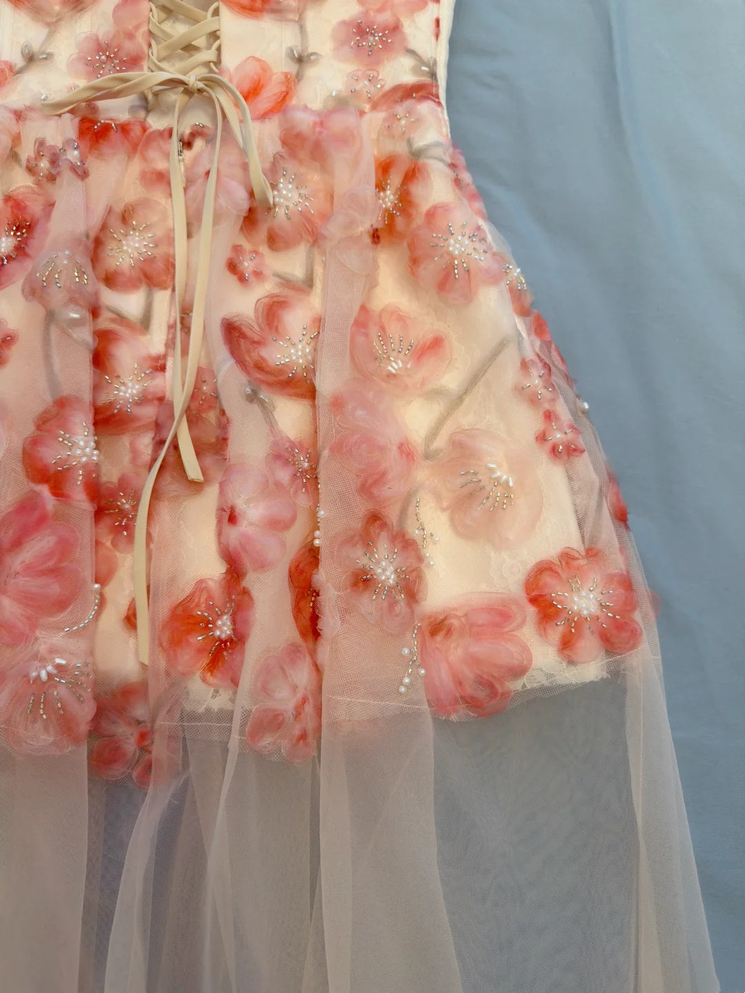 Romantic Blush Strapless Sweetheart A Line Homecoming Dress With 3D Pink Floral Beaded Appliques And Sheer Tulle Skirt AS2941