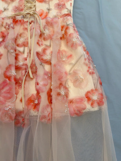 Romantic Blush Strapless Sweetheart A Line Homecoming Dress With 3D Pink Floral Beaded Appliques And Sheer Tulle Skirt AS2941