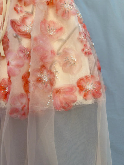 Romantic Blush Strapless Sweetheart A Line Homecoming Dress With 3D Pink Floral Beaded Appliques And Sheer Tulle Skirt AS2941