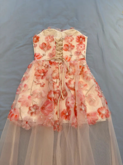 Romantic Blush Strapless Sweetheart A Line Homecoming Dress With 3D Pink Floral Beaded Appliques And Sheer Tulle Skirt AS2941