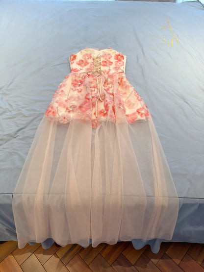 Romantic Blush Strapless Sweetheart A Line Homecoming Dress With 3D Pink Floral Beaded Appliques And Sheer Tulle Skirt AS2941