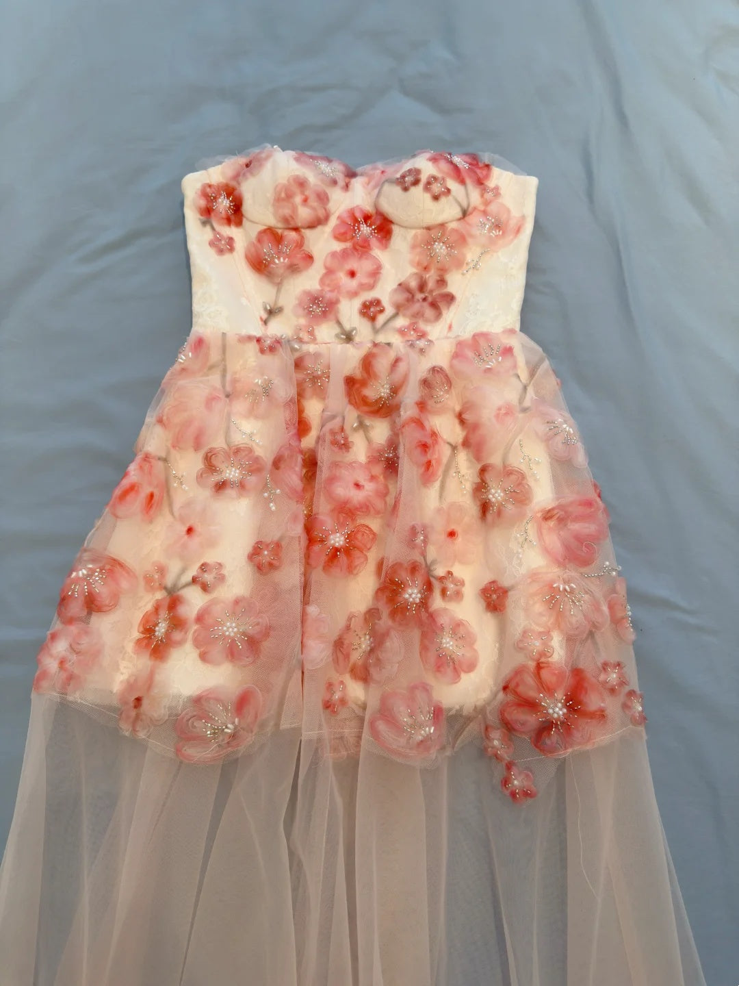 Romantic Blush Strapless Sweetheart A Line Homecoming Dress With 3D Pink Floral Beaded Appliques And Sheer Tulle Skirt AS2941