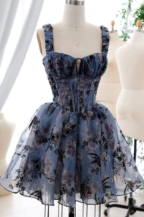 Misty Blue Floral Print Strap Sweetheart Corset A Line Short Homecoming Dress AS2944