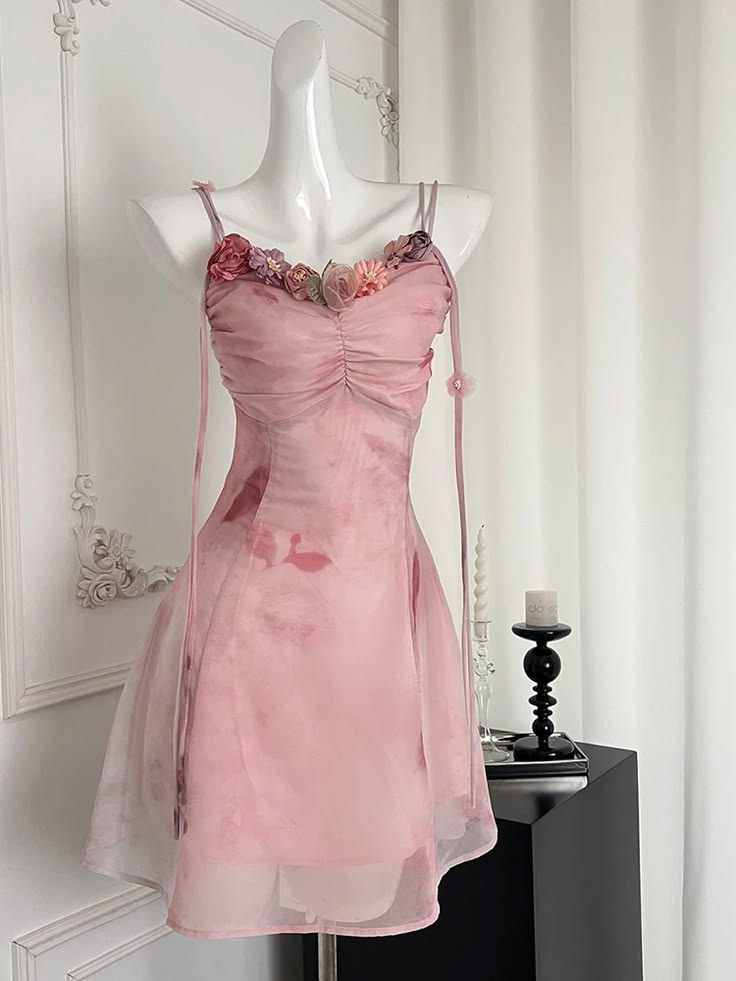 Delicate Pink Watercolor Print Spaghetti Strap A Line Short Homecoming Dress With 3D Floral Bust Detail AS2945