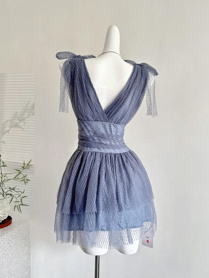 Dreamy Dusty Blue V Neck Tie Strap A Line Short Homecoming Dress AS2946