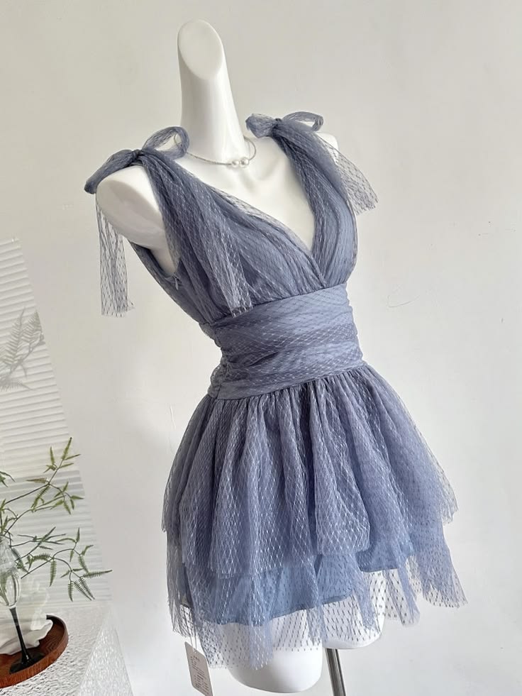 Dreamy Dusty Blue V Neck Tie Strap A Line Short Homecoming Dress AS2946