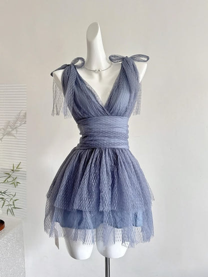 Dreamy Dusty Blue V Neck Tie Strap A Line Short Homecoming Dress AS2946