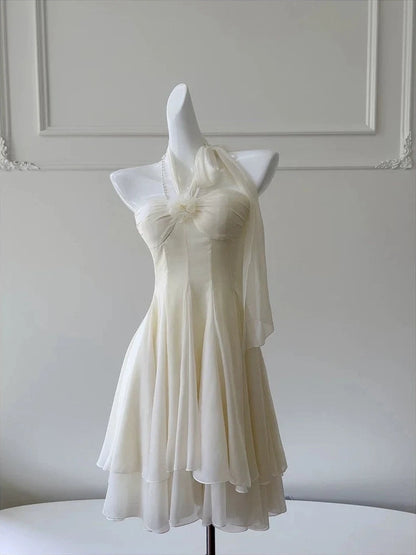 Elegant Ivory Halter Chiffon A Line Short Homecoming Dress With Floral And Pearl Chain Detail AS2947