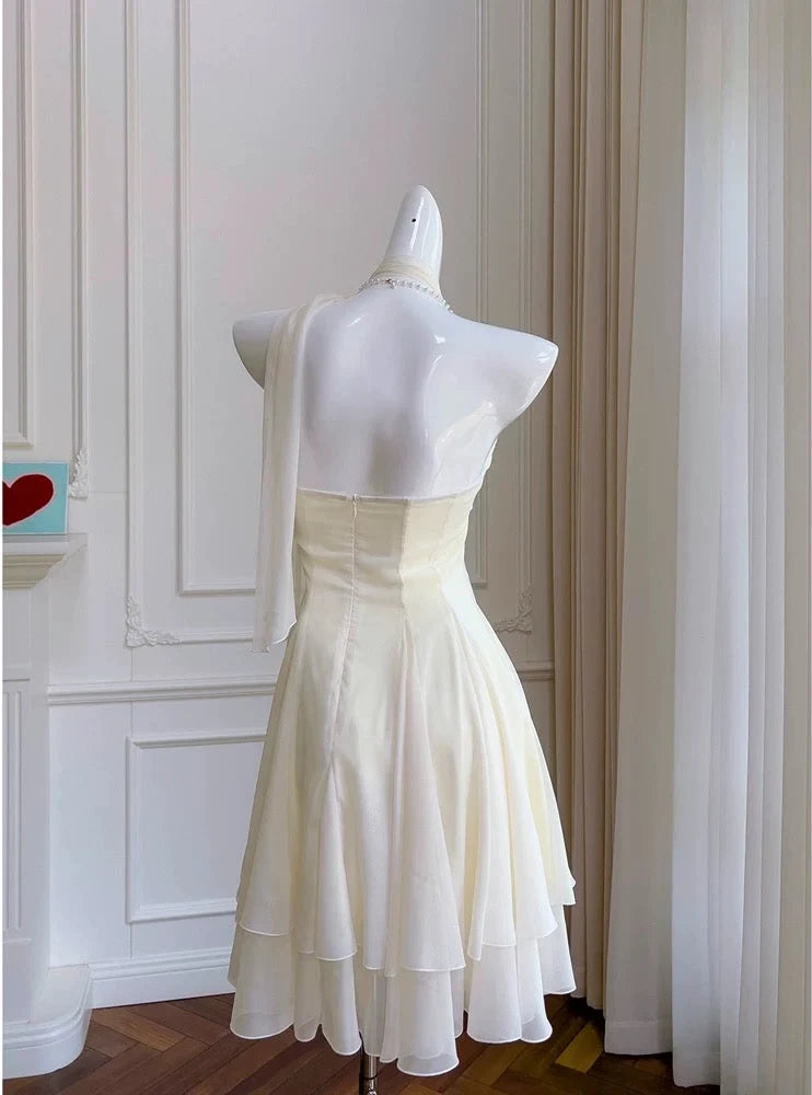 Elegant Ivory Halter Chiffon A Line Short Homecoming Dress With Floral And Pearl Chain Detail AS2947