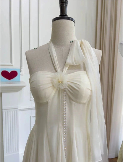 Elegant Ivory Halter Chiffon A Line Short Homecoming Dress With Floral And Pearl Chain Detail AS2947