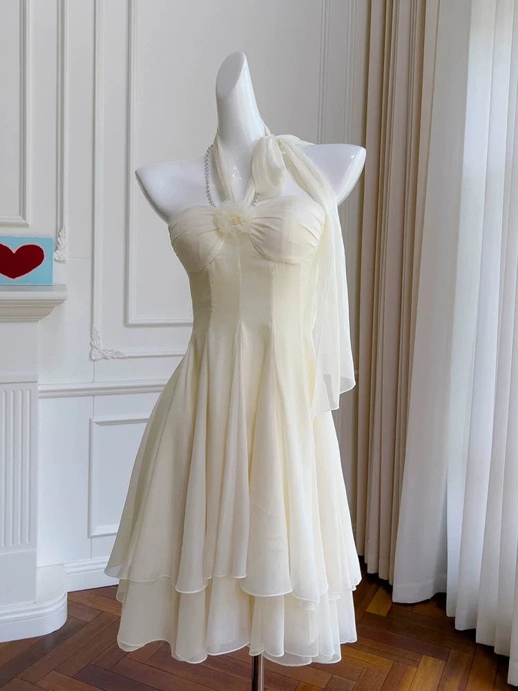 Elegant Ivory Halter Chiffon A Line Short Homecoming Dress With Floral And Pearl Chain Detail AS2947