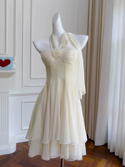 Elegant Ivory Halter Chiffon A Line Short Homecoming Dress With Floral And Pearl Chain Detail AS2947