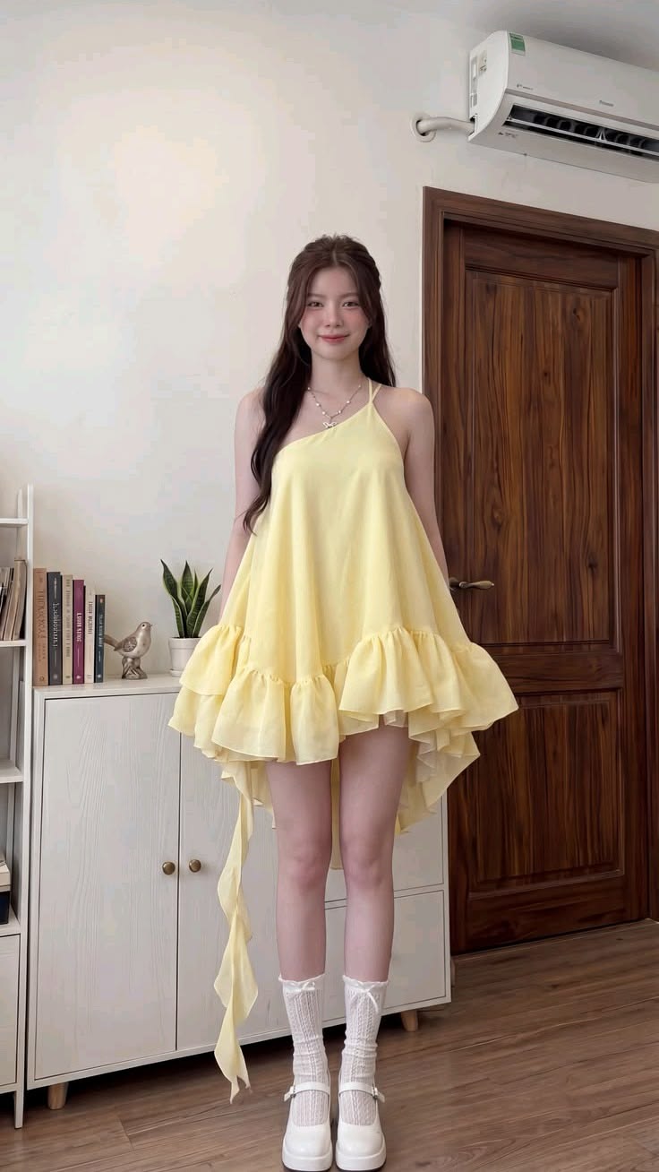 Bright Yellow One Shoulder Ruffle High Low Flowy A Line Short Homecoming Dress AS2950