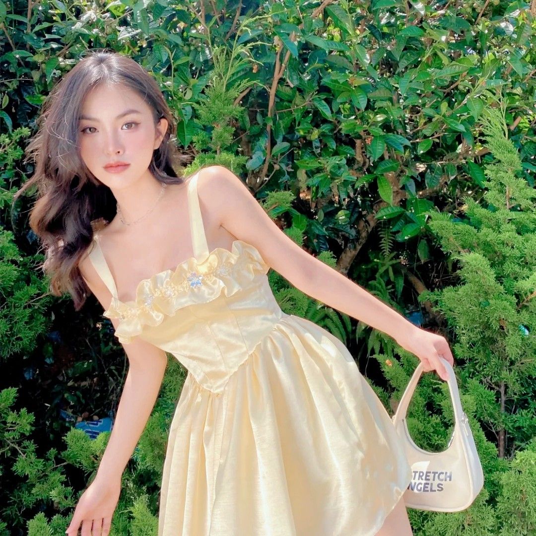 Charming Pale Yellow Wide Strap Ruffle Floral Appliques Corset A Line Short Homecoming Dress AS2952
