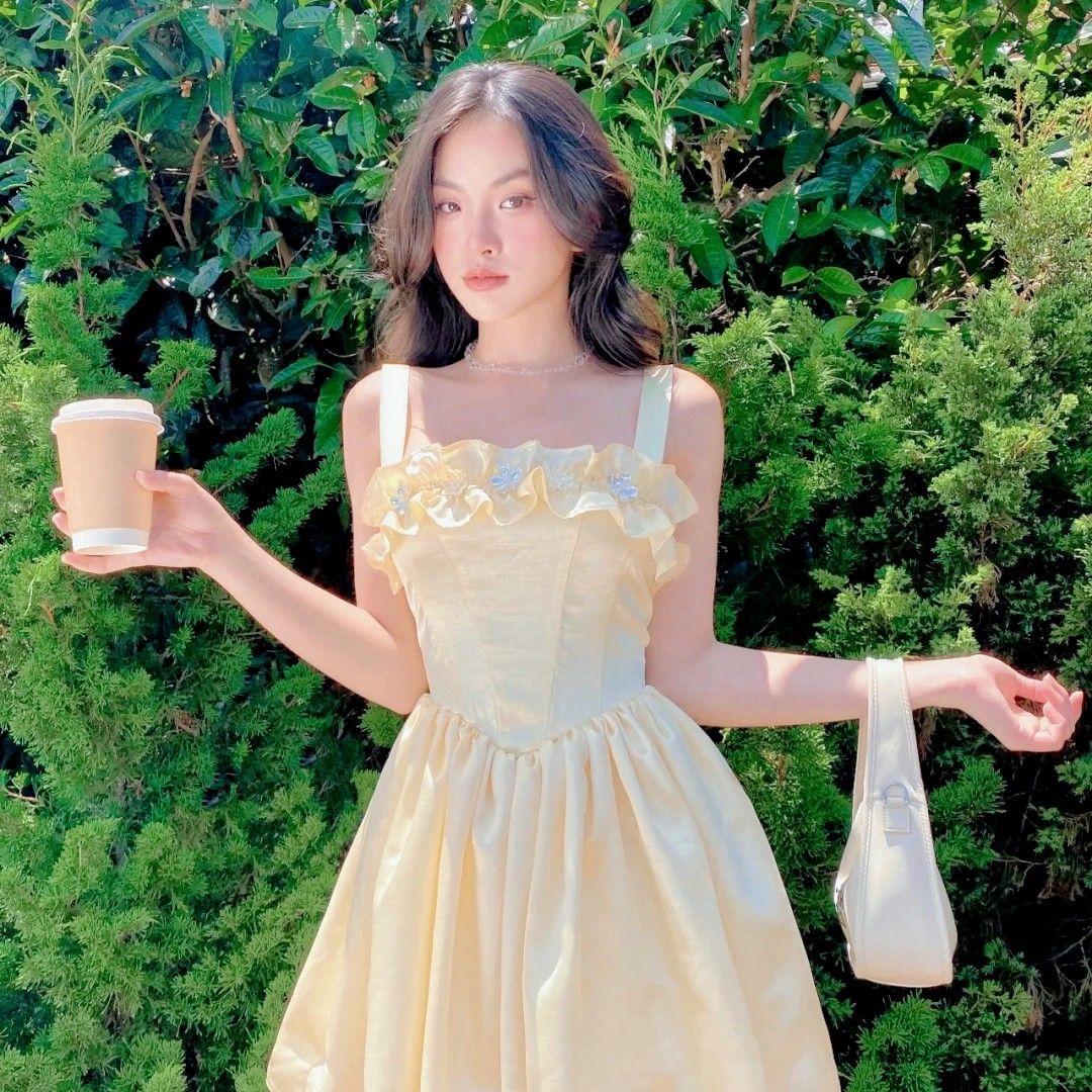 Charming Pale Yellow Wide Strap Ruffle Floral Appliques Corset A Line Short Homecoming Dress AS2952