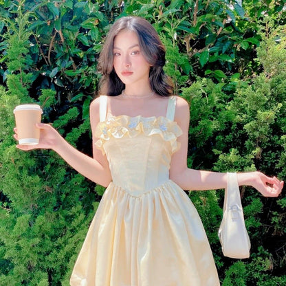 Charming Pale Yellow Wide Strap Ruffle Floral Appliques Corset A Line Short Homecoming Dress AS2952