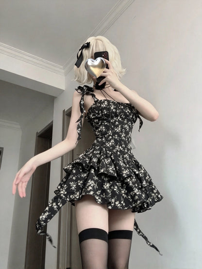 Chic Black Floral Square Neck Bow Strap Tiered Ruffle A Line Short Homecoming Dress AS2953