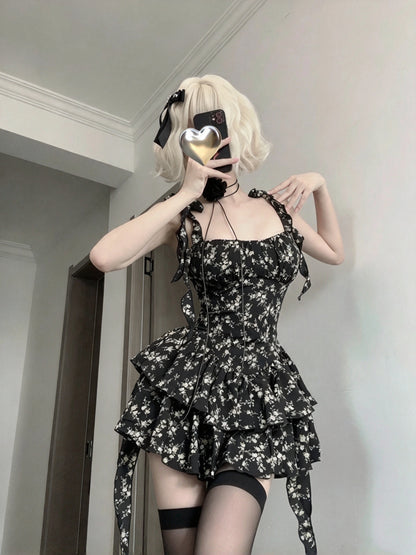 Chic Black Floral Square Neck Bow Strap Tiered Ruffle A Line Short Homecoming Dress AS2953