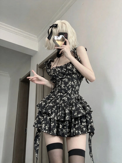 Chic Black Floral Square Neck Bow Strap Tiered Ruffle A Line Short Homecoming Dress AS2953