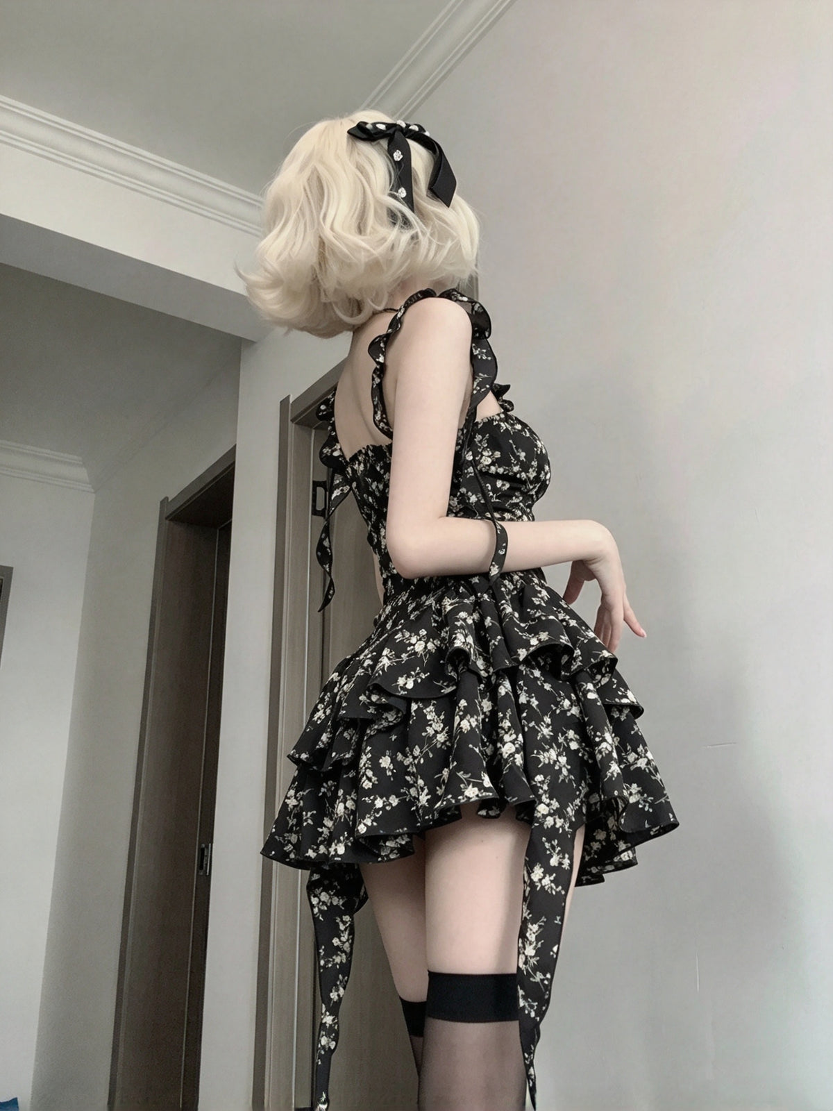 Chic Black Floral Square Neck Bow Strap Tiered Ruffle A Line Short Homecoming Dress AS2953